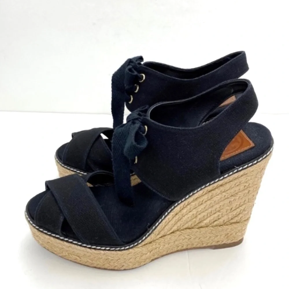 TORY Burch Cross Strap Canvas Ankle Lace up Espadrilles Wedge Sandal Black Sz 10